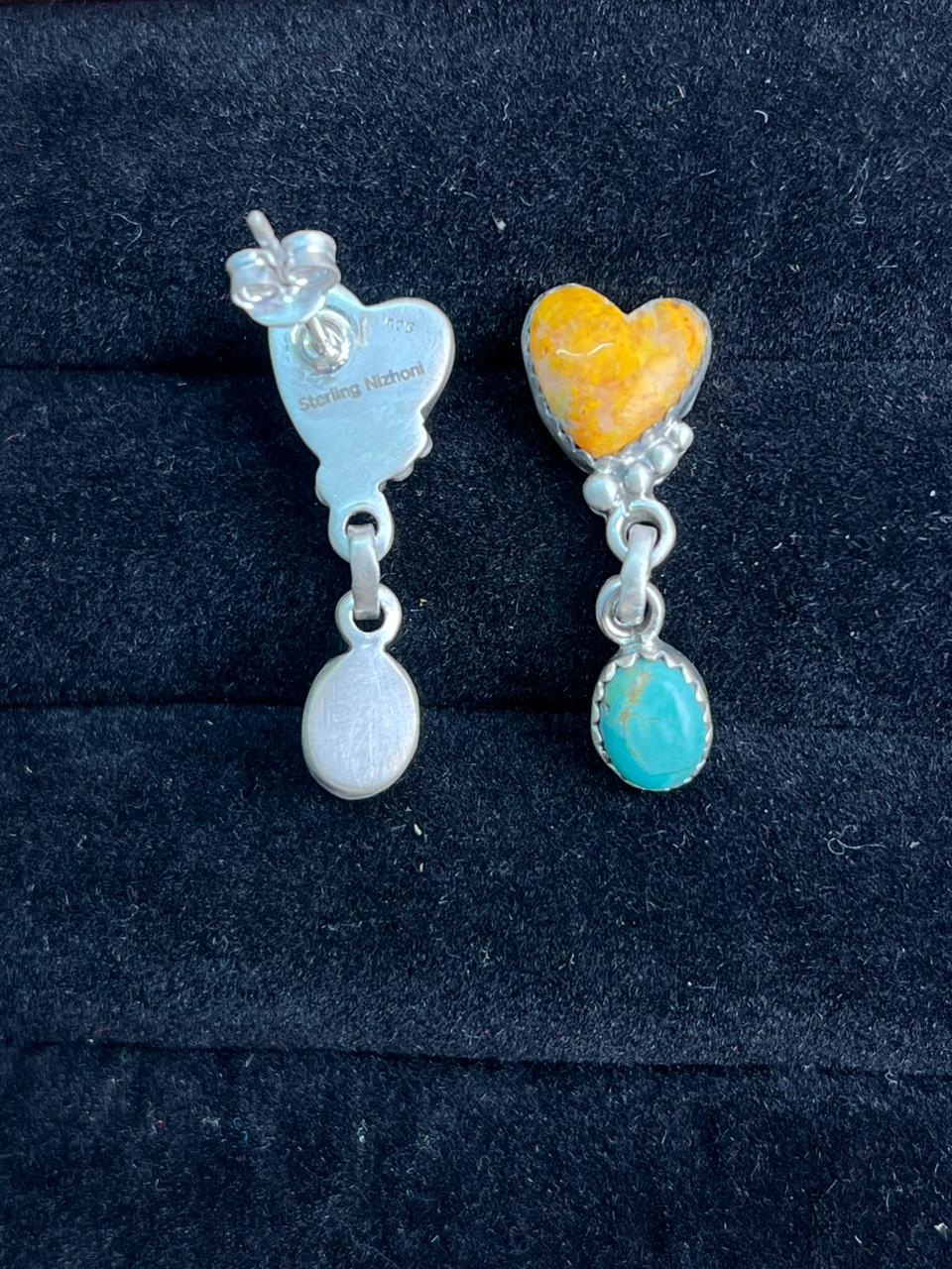 Handmade Sterling Silver Kingman Turquoise with Bumblebee Post Dangle Heart Earrings "Signed Nizhoni"