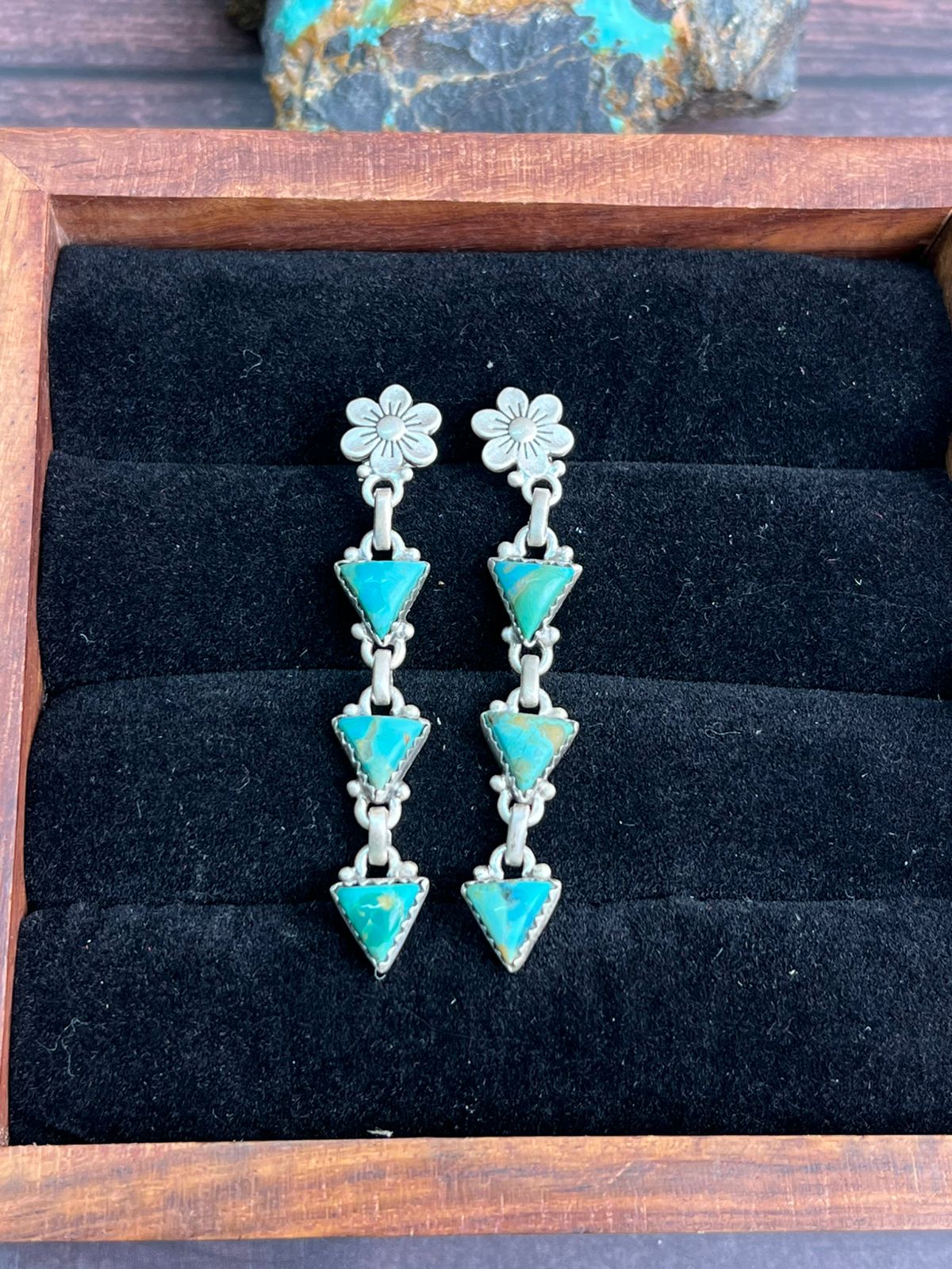 Handmade Sterling Silver Kingman Turquoise Post Dangle Earrings "Signed Nizhoni"