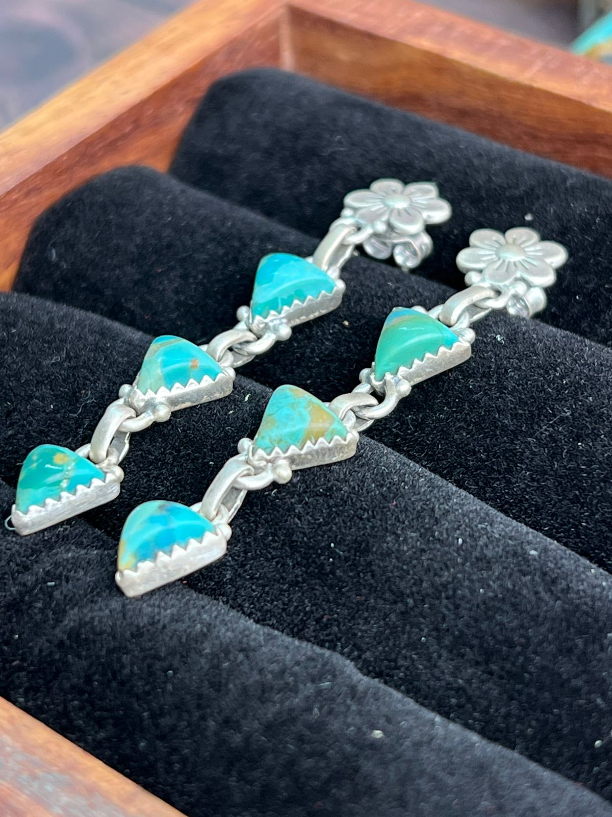 Handmade Sterling Silver Kingman Turquoise Post Dangle Earrings "Signed Nizhoni"