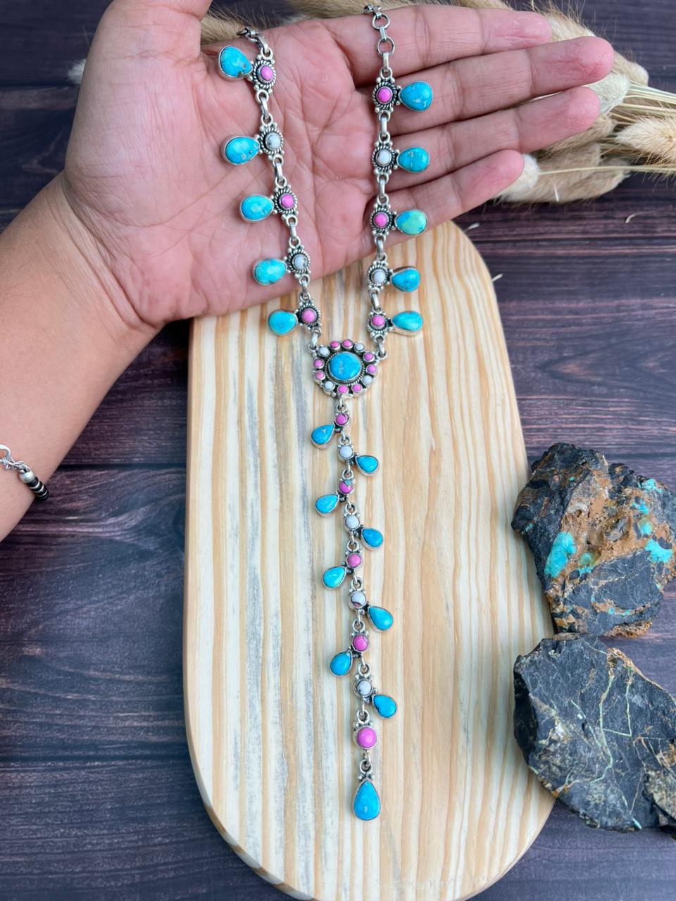 Handmade Sterling Silver Sierra Bella Turquoise with Cotton Candy Collection: 'Y Shaped' Drop Necklace "Signed Nizhoni"