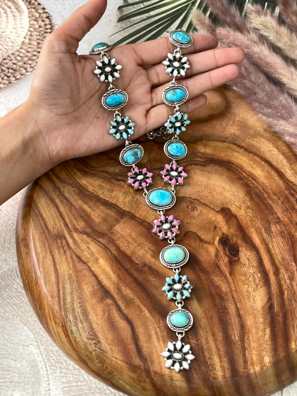 Handmade Sterling Silver Sierra Bella Turquoise with Cotton Candy Collection: 'Y Shaped' Drop Necklace "Signed Nizhoni"