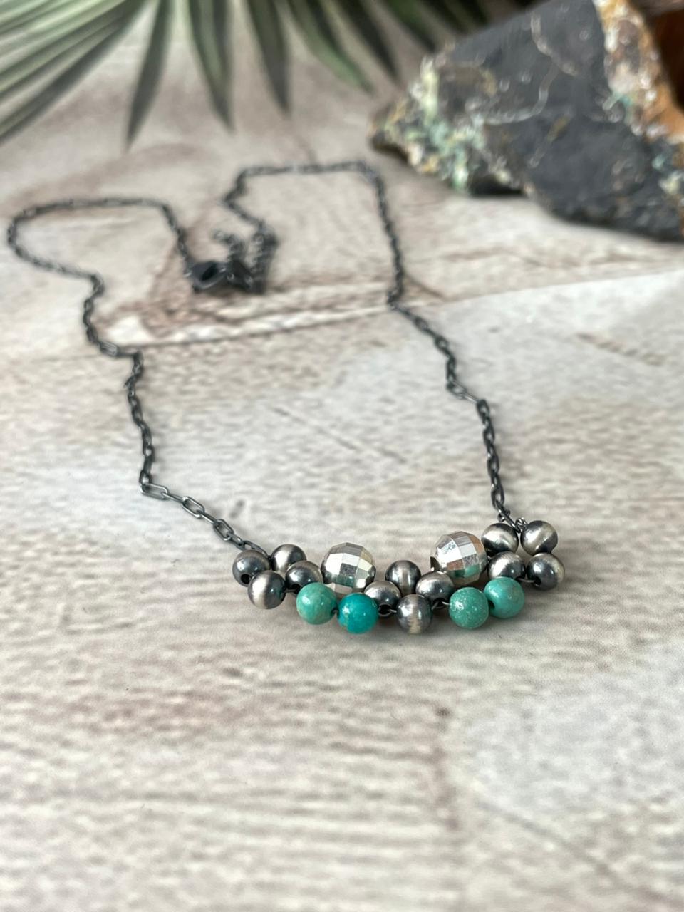 Handmade Sterling Silver Kingman Turquoise Beaded Necklace "Signed Nizhoni"