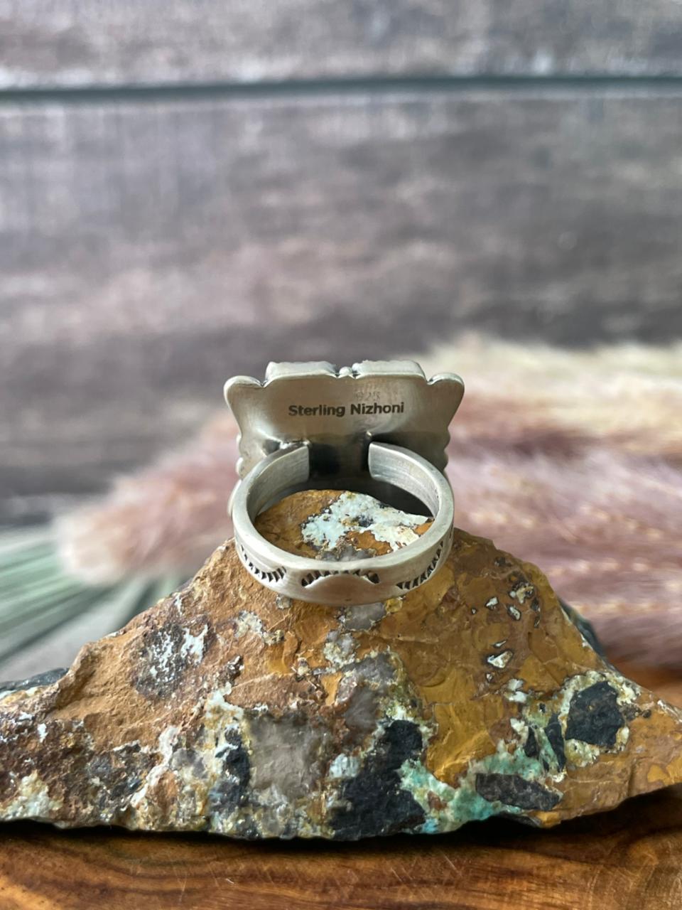 Handmade Sterling Silver Blue Kingman Turquoise Adjustable Ring "Signed Nizhoni"