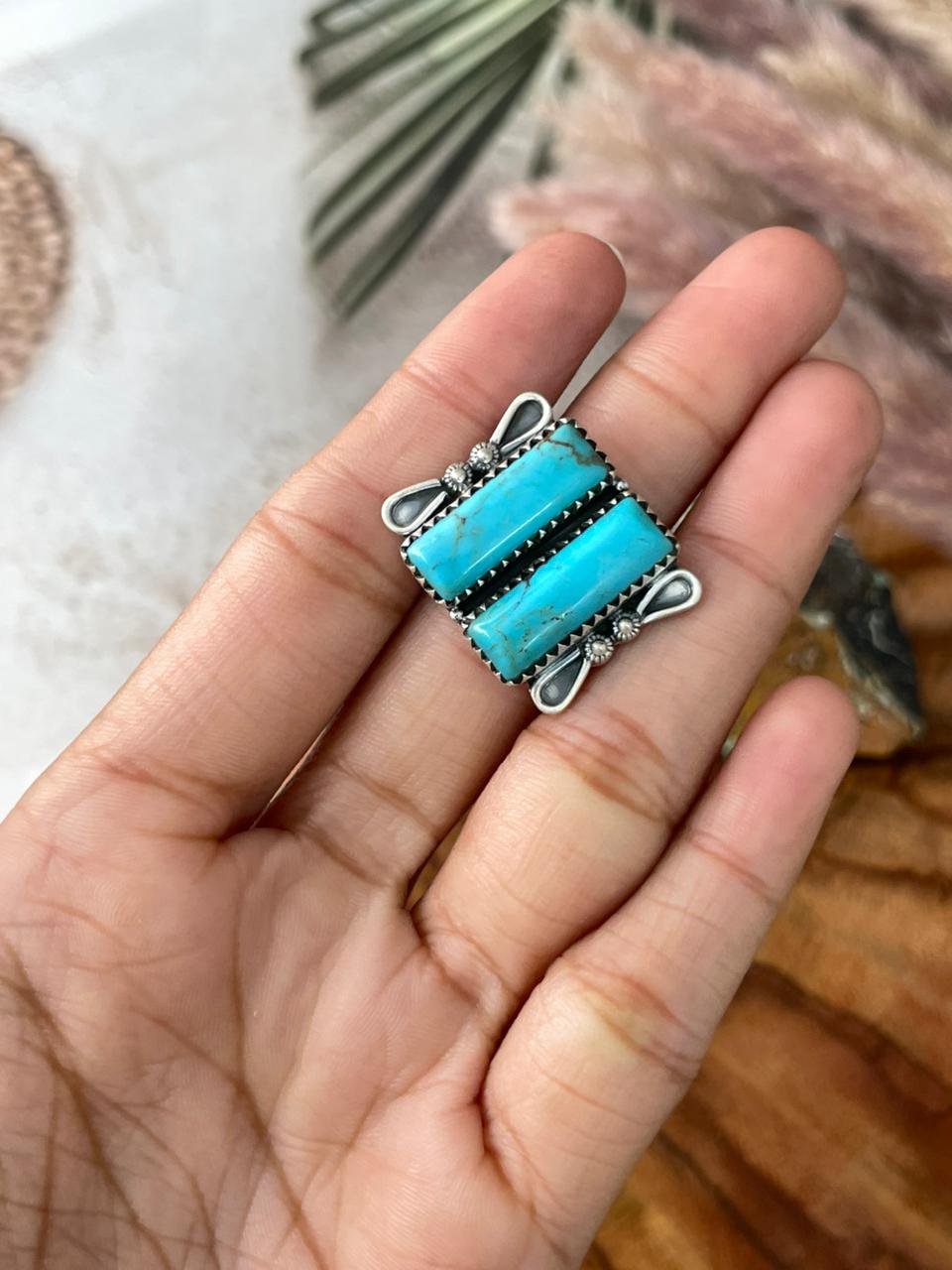 Handmade Sterling Silver Blue Kingman Turquoise Adjustable Ring "Signed Nizhoni"