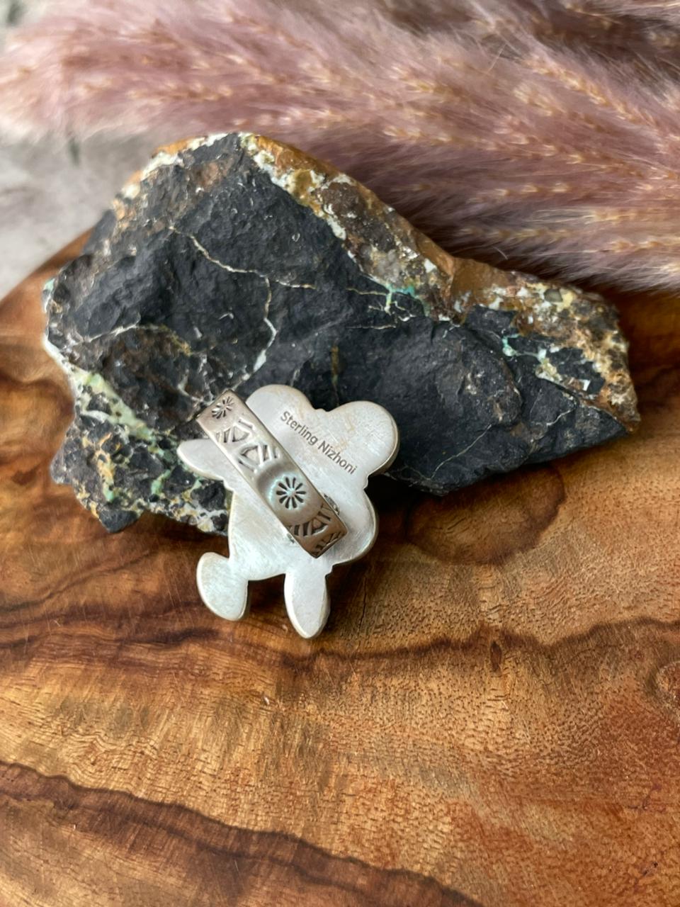 Handmade Sterling Silver Kingman Turquoise with Rosarita Adjustable Cherry Ring "Signed Nizhoni"
