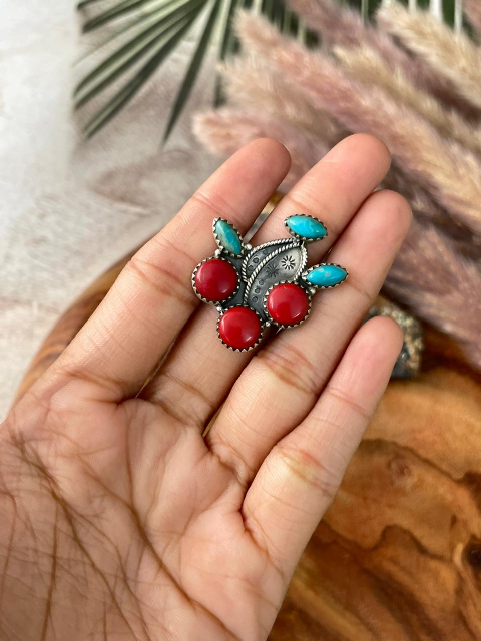 Handmade Sterling Silver Kingman Turquoise with Rosarita Adjustable Cherry Ring "Signed Nizhoni"