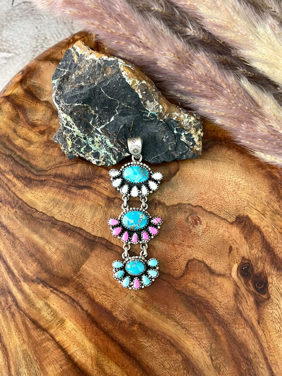 Handmade Sterling Silver Sierra Bella Turquoise with Cotton Candy Collection: Pendant "Signed Nizhoni"