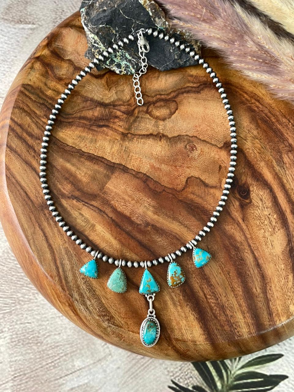 Handmade Sterling Silver Santa Maria Turquoise Beaded Necklace "Signed Nizhoni"
