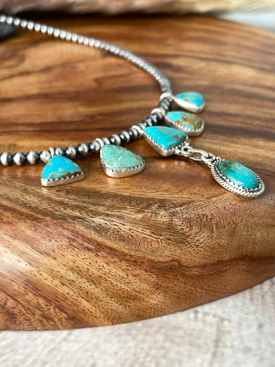 Handmade Sterling Silver Santa Maria Turquoise Beaded Necklace "Signed Nizhoni"