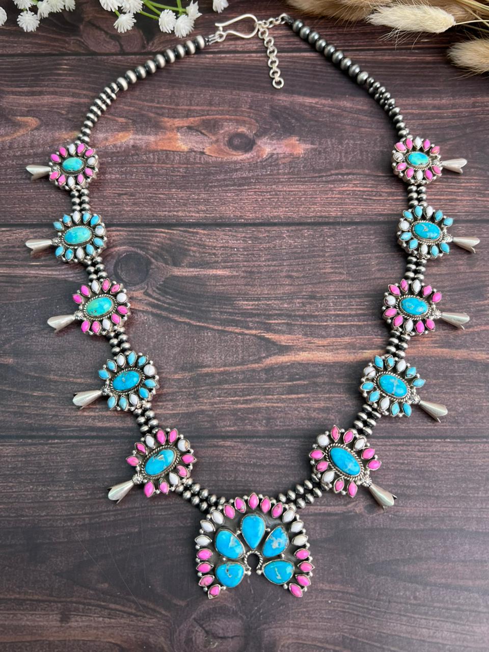Handmade Sterling Silver Sierra Bella Turquoise with Cotton Candy Collection: Beaded Squash Blossom Necklace "Signed Nizhoni"