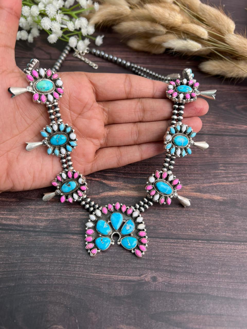 Handmade Sterling Silver Sierra Bella Turquoise with Cotton Candy Collection: Beaded Squash Blossom Necklace "Signed Nizhoni"