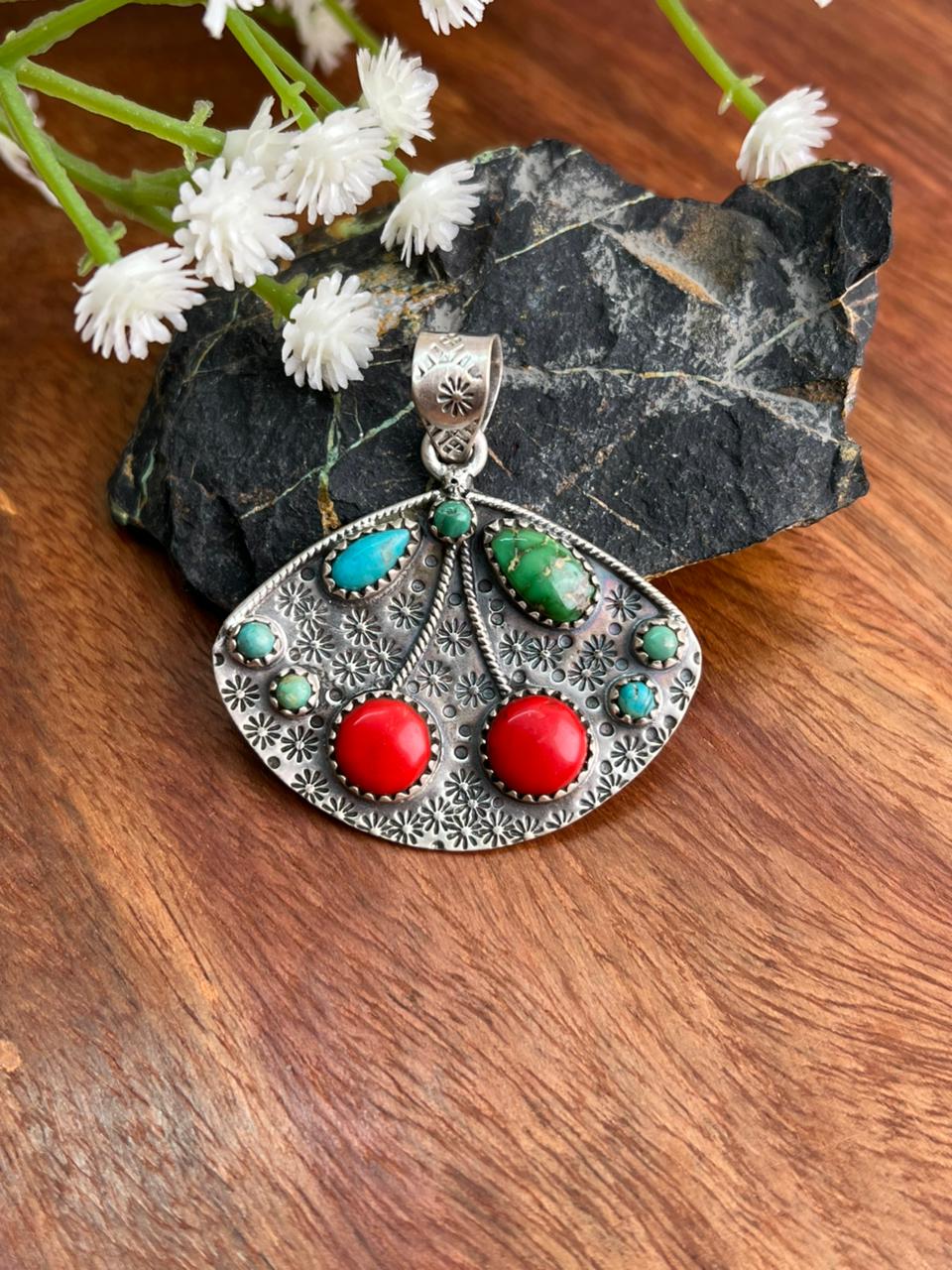 Handmade Sterling Silver Kingman with Sonoran Mountain Turquoise and Rosarita Cherry Pendant "Signed Nizhoni"