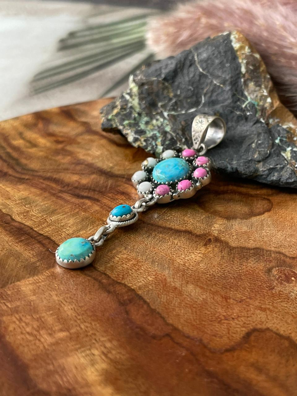 Handmade Sterling Silver Sierra Bella Turquoise with Cotton Candy Collection: Pendant "Signed Nizhoni"