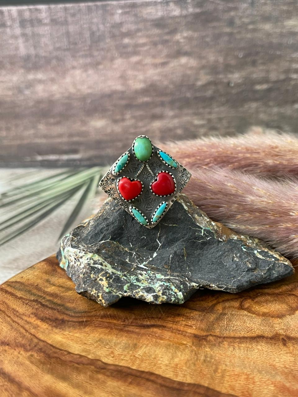 Handmade Sterling Silver Kingman with Sonoran Mountain Turquoise and Rosarita Adjustable Cherry Ring "Signed Nizhoni"