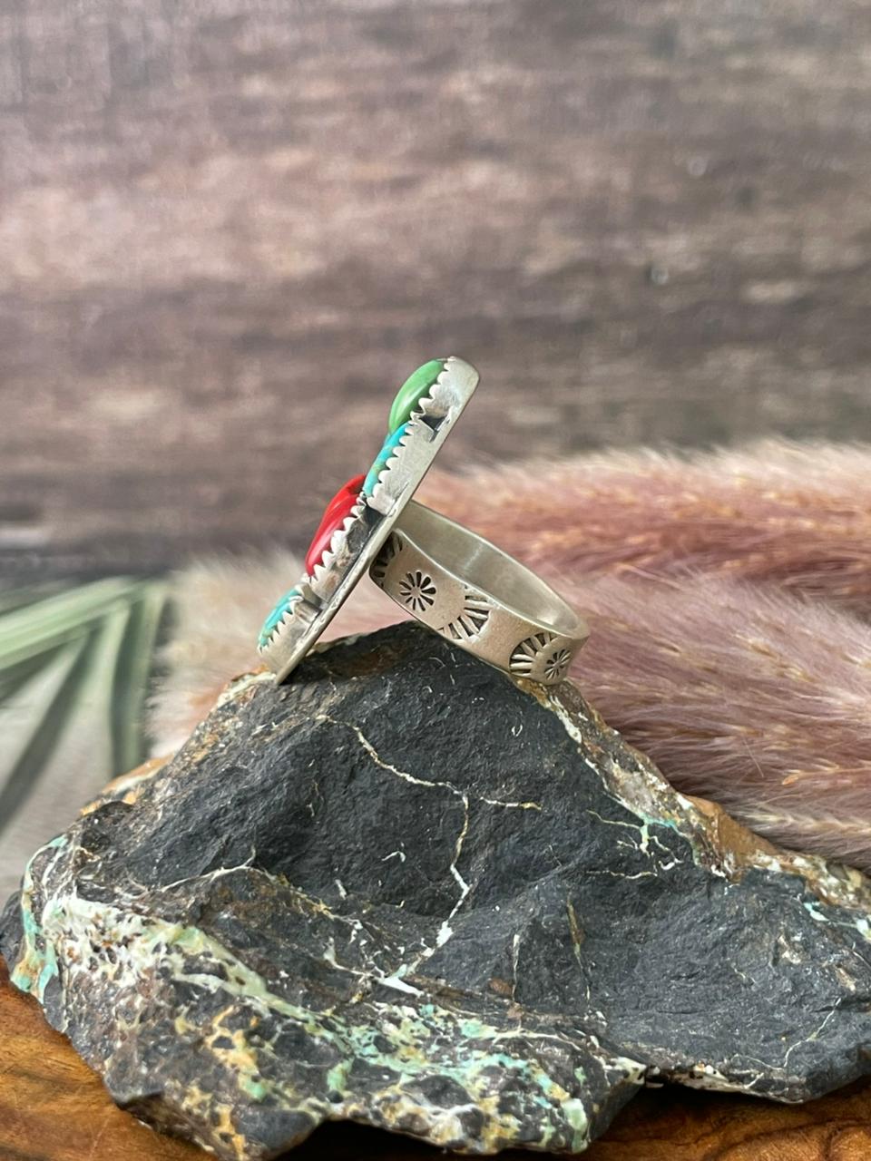 Handmade Sterling Silver Kingman with Sonoran Mountain Turquoise and Rosarita Adjustable Cherry Ring "Signed Nizhoni"