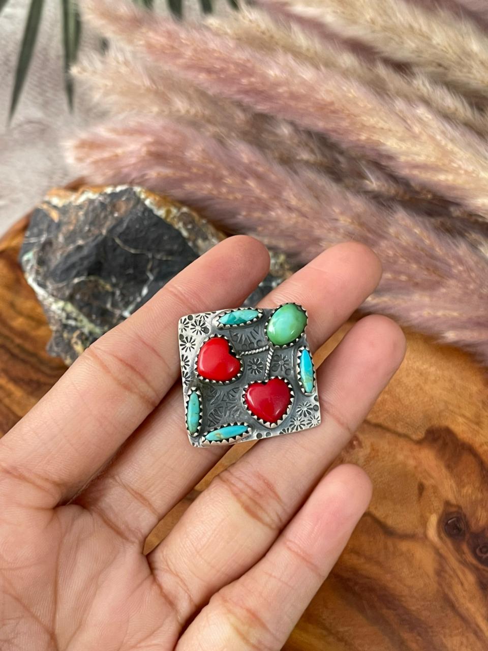 Handmade Sterling Silver Kingman with Sonoran Mountain Turquoise and Rosarita Adjustable Cherry Ring "Signed Nizhoni"