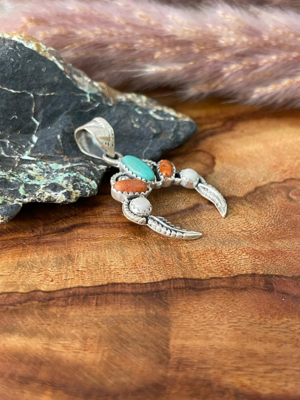 Handmade Sterling Silver Kingman Turquoise with Orange Mojave Pendant "Signed Nizhoni"
