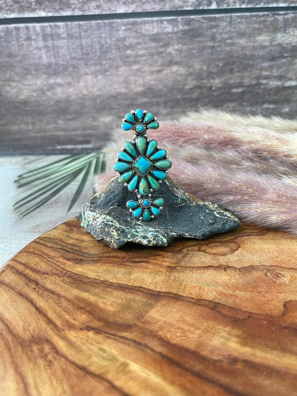 Handmade Sterling Silver Kingman Turquoise Adjustable Ring "Signed Nizhoni"