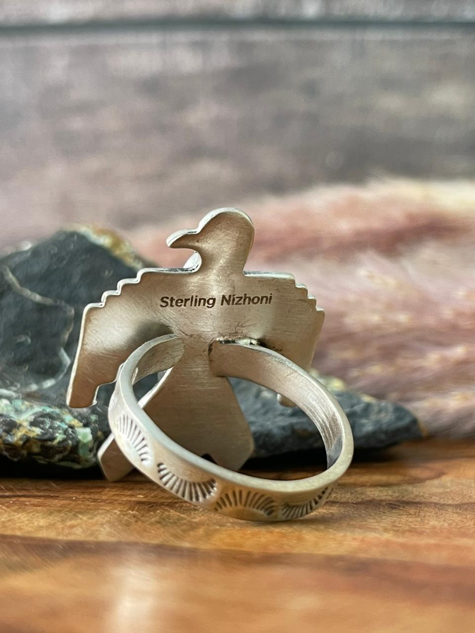 Handmade Sterling Silver Kingman Turquoise Thunderbird Adjustable Ring "Signed Nizhoni"