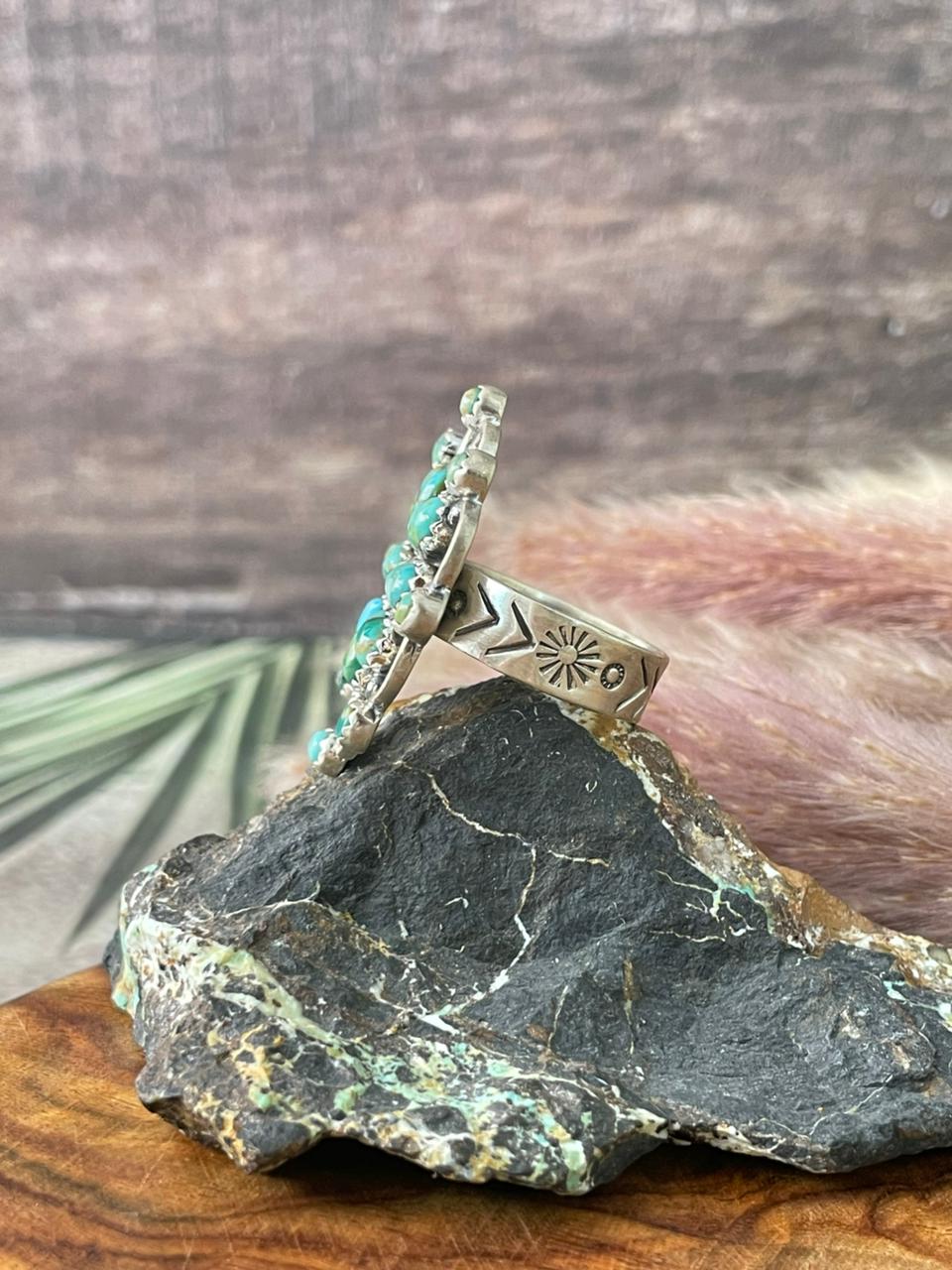 Handmade Sterling Silver Kingman Turquoise Adjustable Ring "Signed Nizhoni"