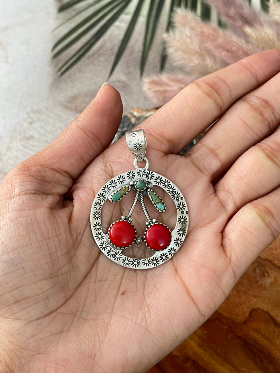 Handmade Sterling Silver Kingman Turquoise with Rosarita Cherry Pendant "Signed Nizhoni"