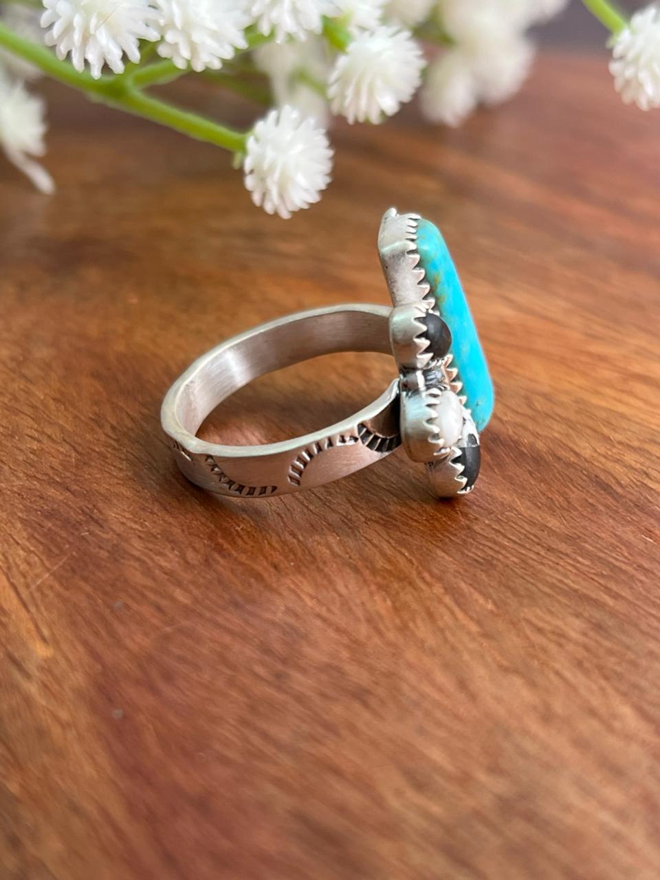 Handmade Sterling Silver Blue Kingman Turquoise with White Buffalo Adjustable Ring "Signed Nizhoni"