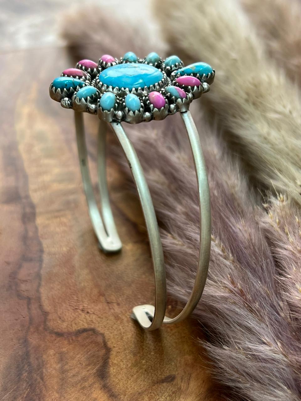 Handmade Sterling Silver Sierra Bella Turquoise with Cotton Candy Collection: Cuff Bracelet "Signed Nizhoni" (9)