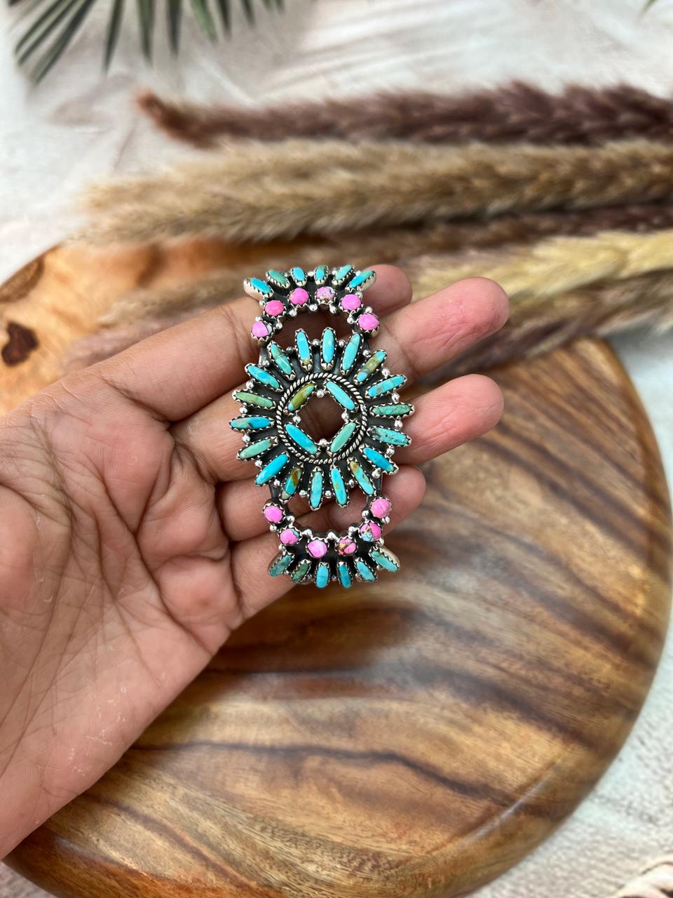 Handmade Sterling Silver Kingman Turquoise with Cotton Candy Cuff Bracelet "Signed Nizhoni"