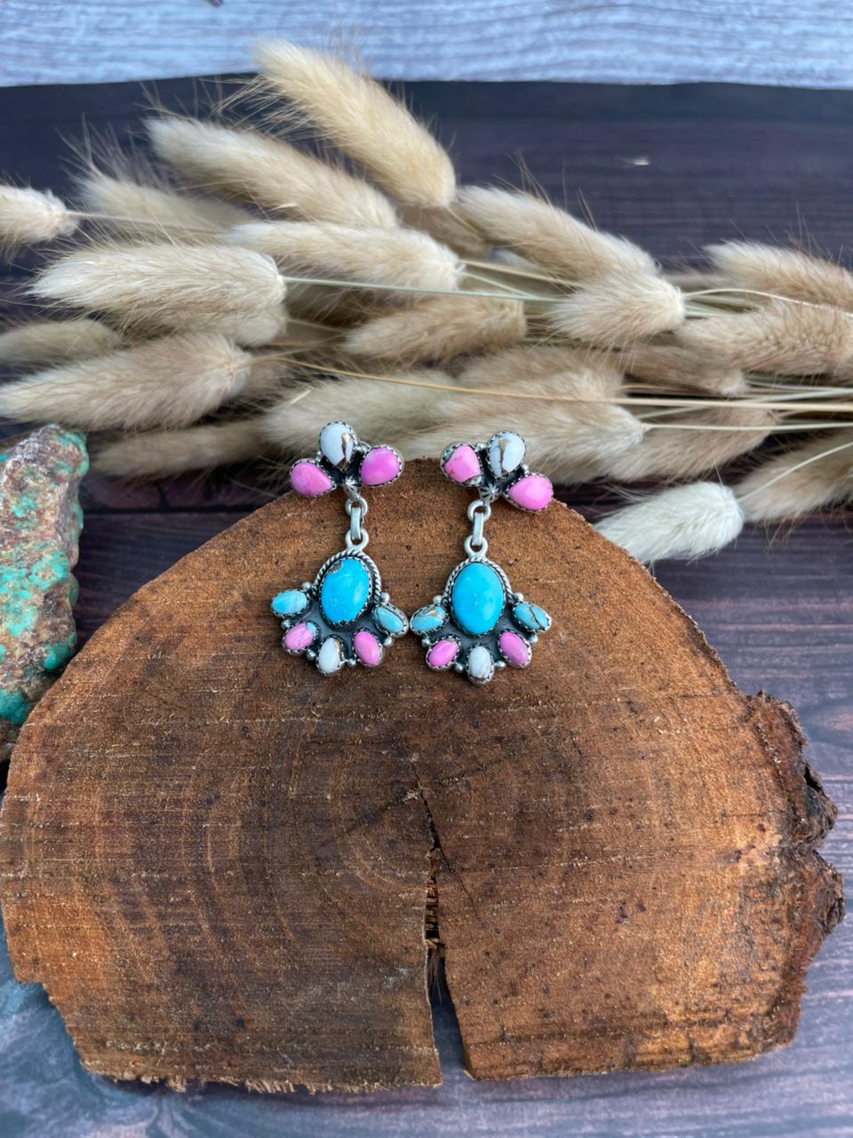 Handmade Sterling Silver Sierra Bella Turquoise with Cotton Candy Collection: Post Dangle Earrings "Signed Nizhoni"