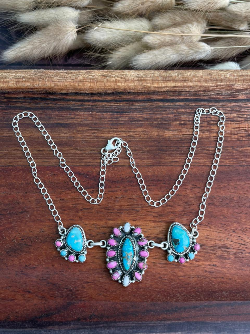 Handmade Sterling Silver Sierra Bella Turquoise with Cotton Candy Collection: Necklace "Signed Nizhoni"