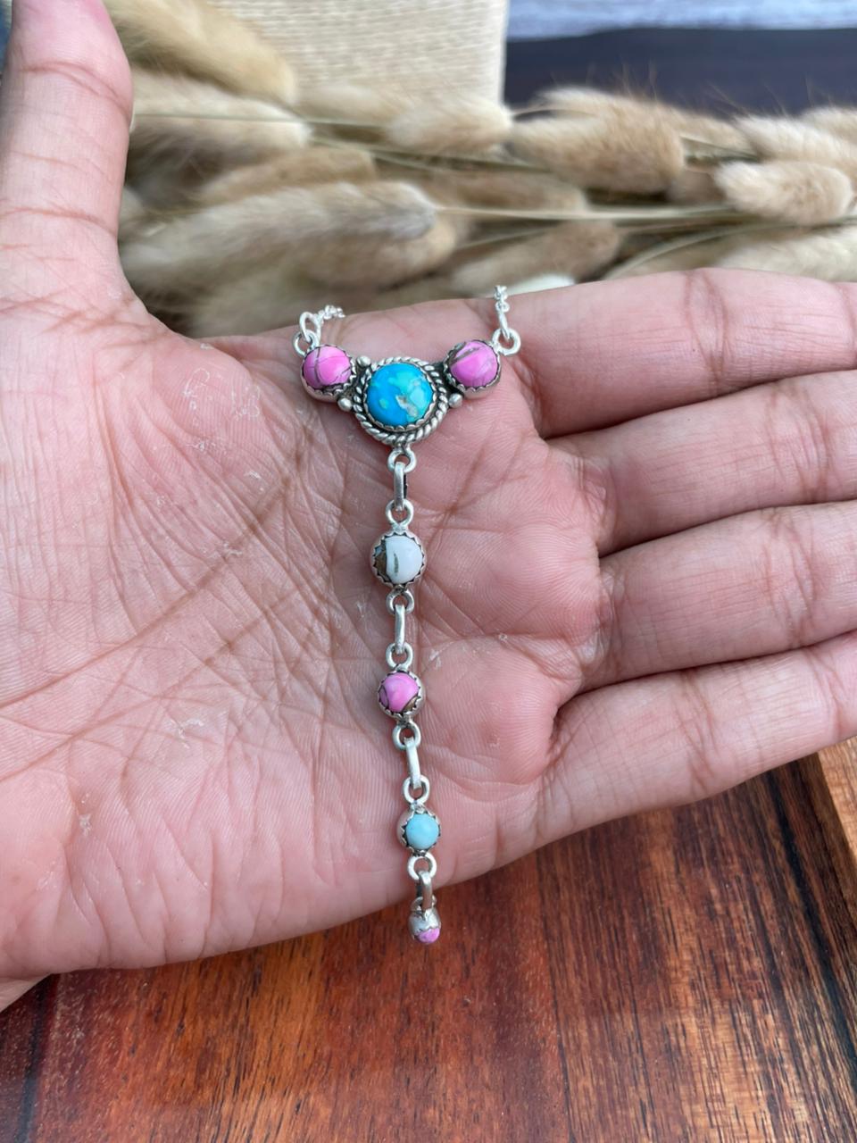 Handmade Sterling Silver Sierra Bella Turquoise with Cotton Candy Collection: Necklace "Signed Nizhoni"