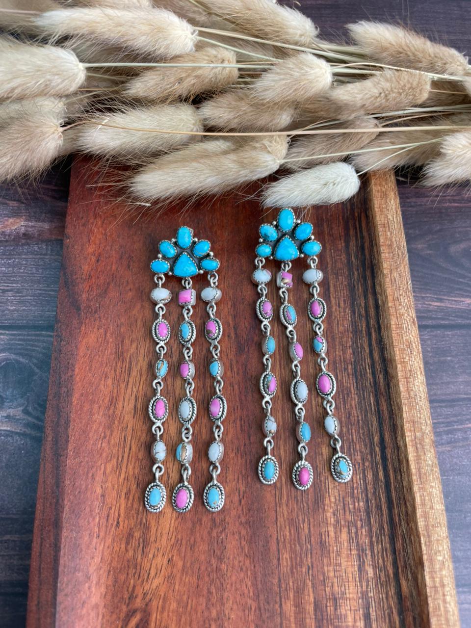Handmade Sterling Silver Sierra Bella Turquoise with Cotton Candy Collection: Post Dangle Earrings "Signed Nizhoni" (2)