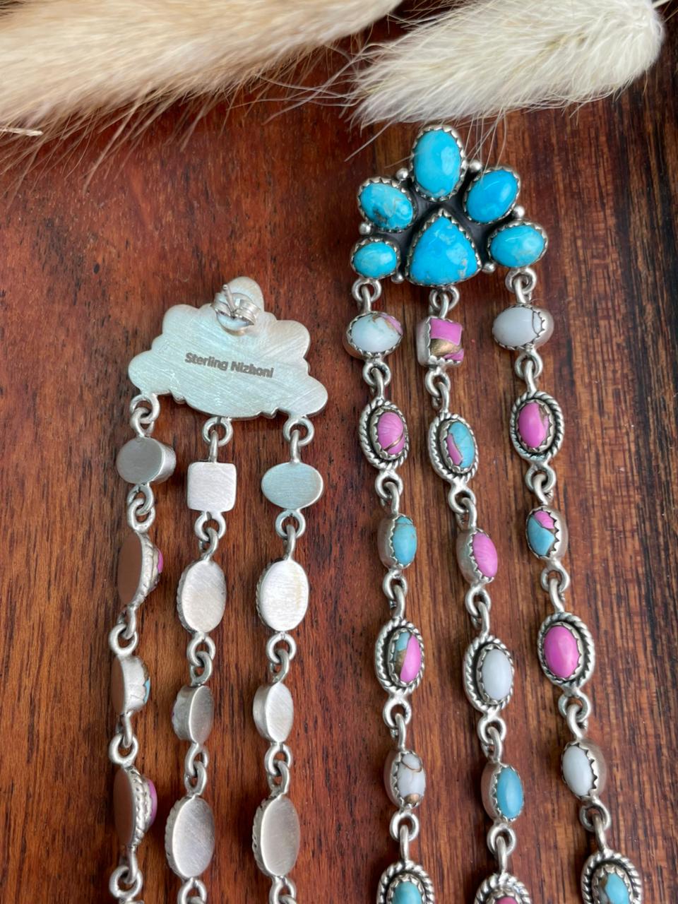 Handmade Sterling Silver Sierra Bella Turquoise with Cotton Candy Collection: Post Dangle Earrings "Signed Nizhoni" (2)
