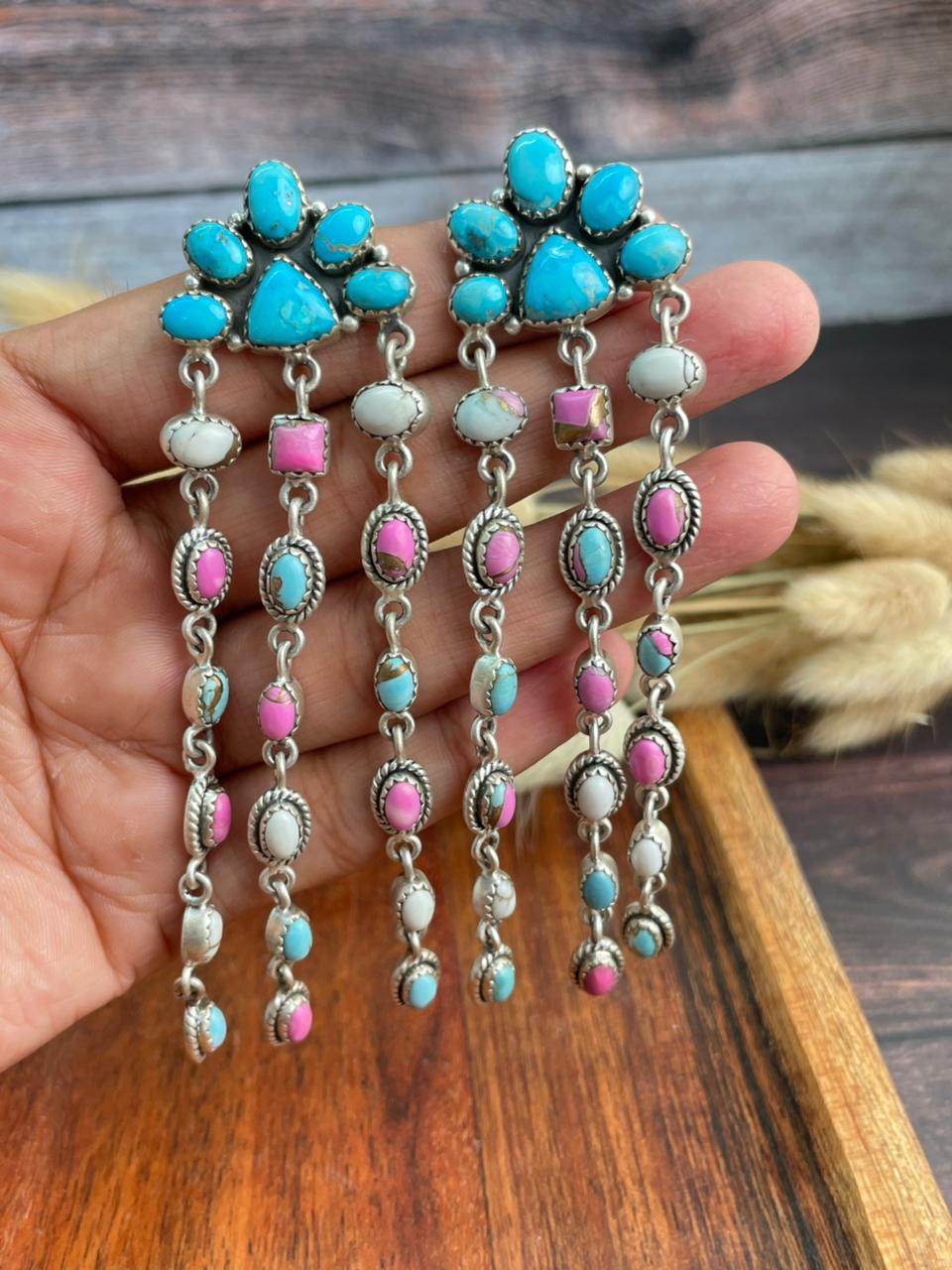Handmade Sterling Silver Sierra Bella Turquoise with Cotton Candy Collection: Post Dangle Earrings "Signed Nizhoni" (2)