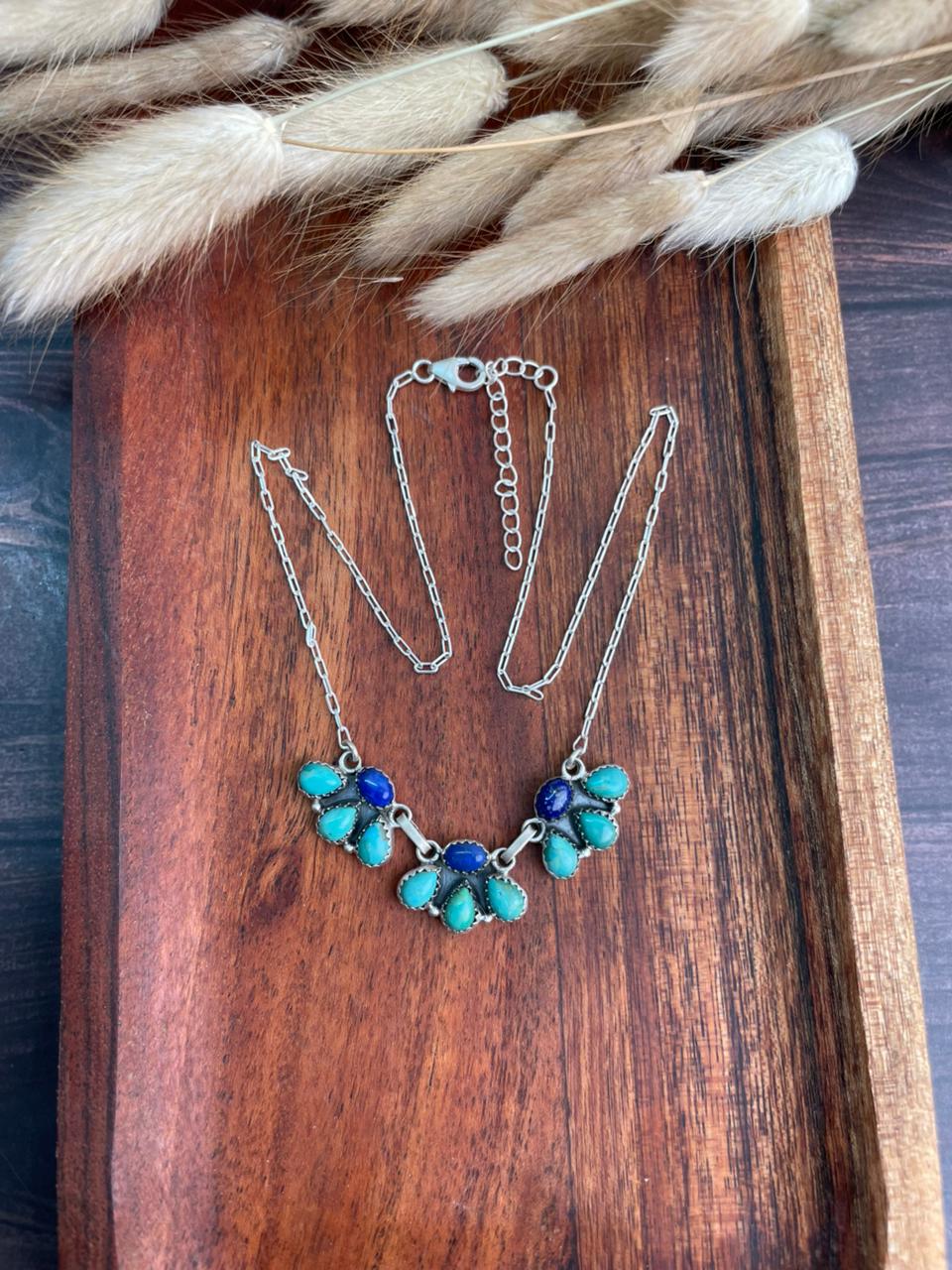 Handmade Sterling Silver Kingman Turquoise with Lapis Necklace "Signed Nizhoni"