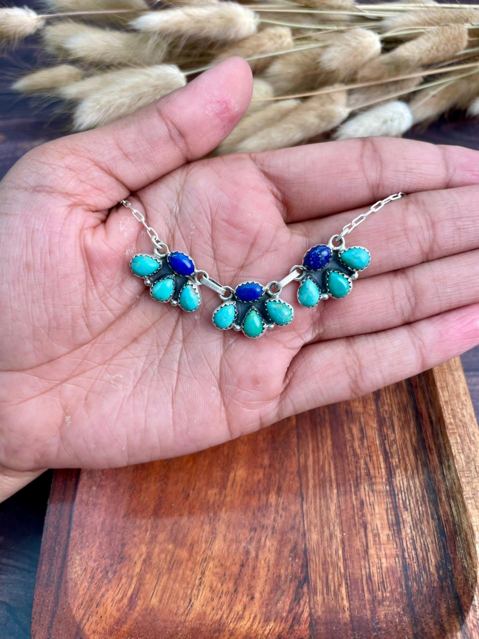 Handmade Sterling Silver Kingman Turquoise with Lapis Necklace "Signed Nizhoni"