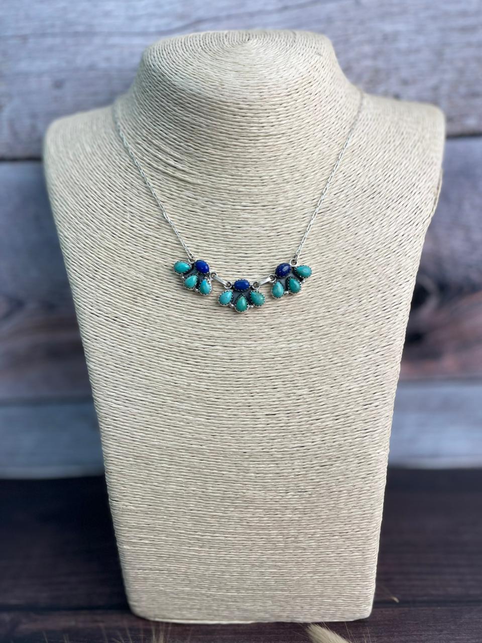 Handmade Sterling Silver Kingman Turquoise with Lapis Necklace "Signed Nizhoni"