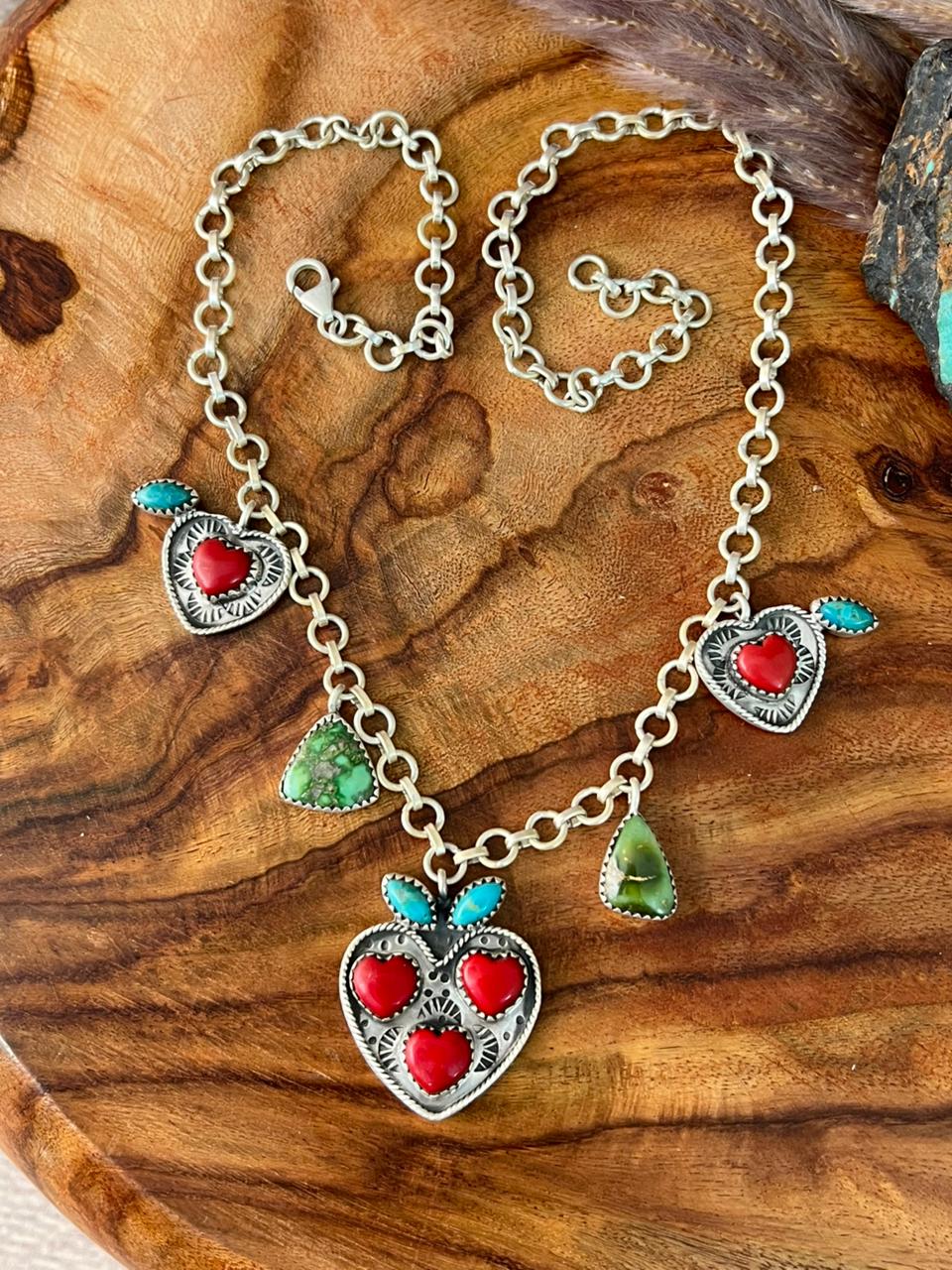 Handmade Sterling Silver Kingman with Sonoran Mountain Turquoise and Rosarita Cherry Necklace "Signed Nizhoni"
