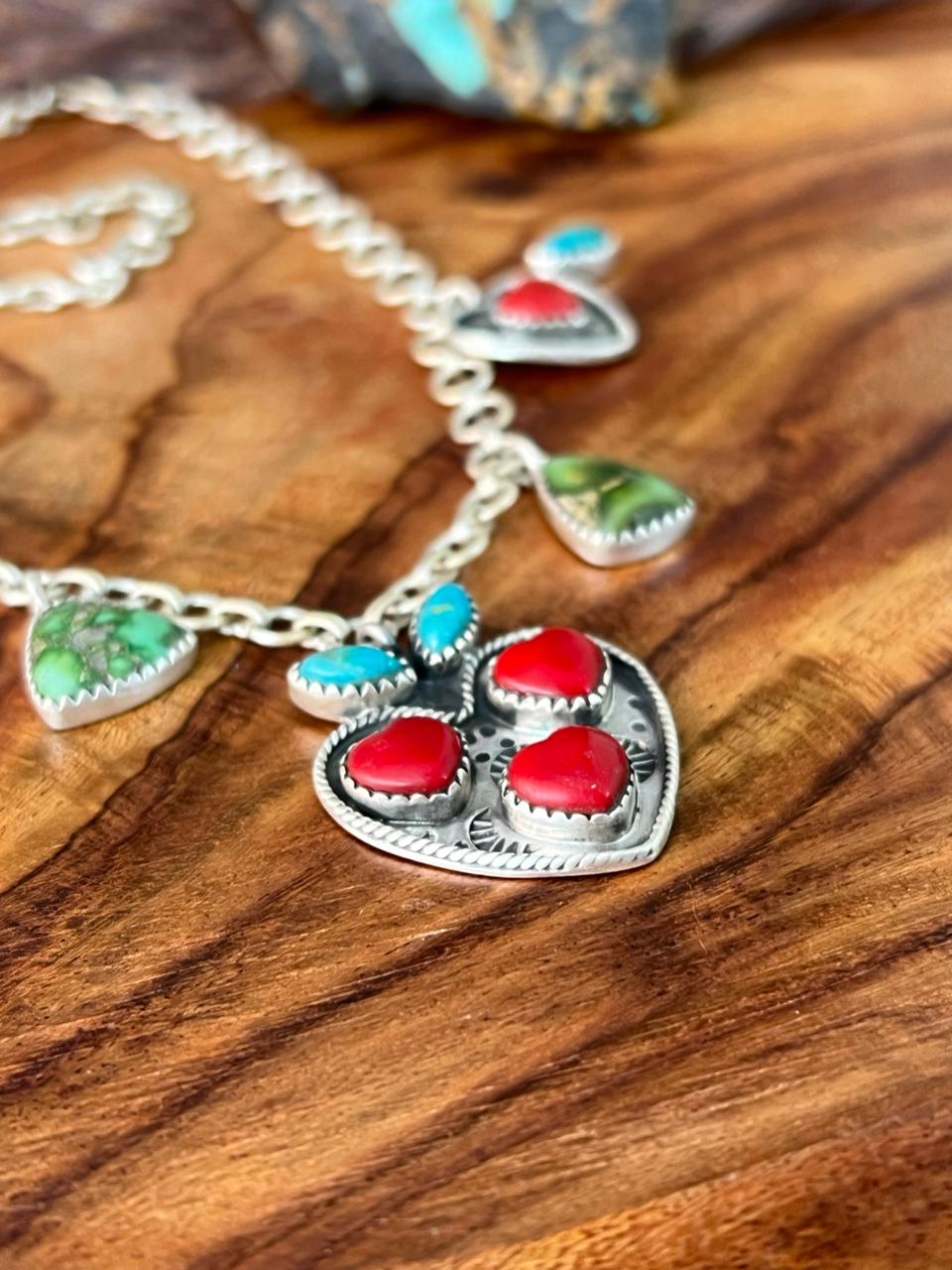 Handmade Sterling Silver Kingman with Sonoran Mountain Turquoise and Rosarita Cherry Necklace "Signed Nizhoni"