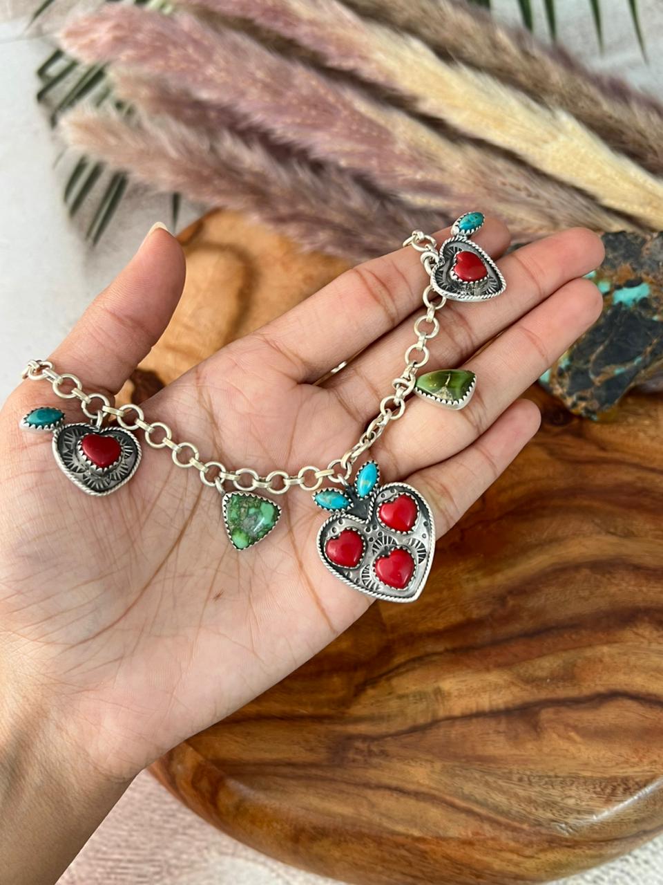 Handmade Sterling Silver Kingman with Sonoran Mountain Turquoise and Rosarita Cherry Necklace "Signed Nizhoni"
