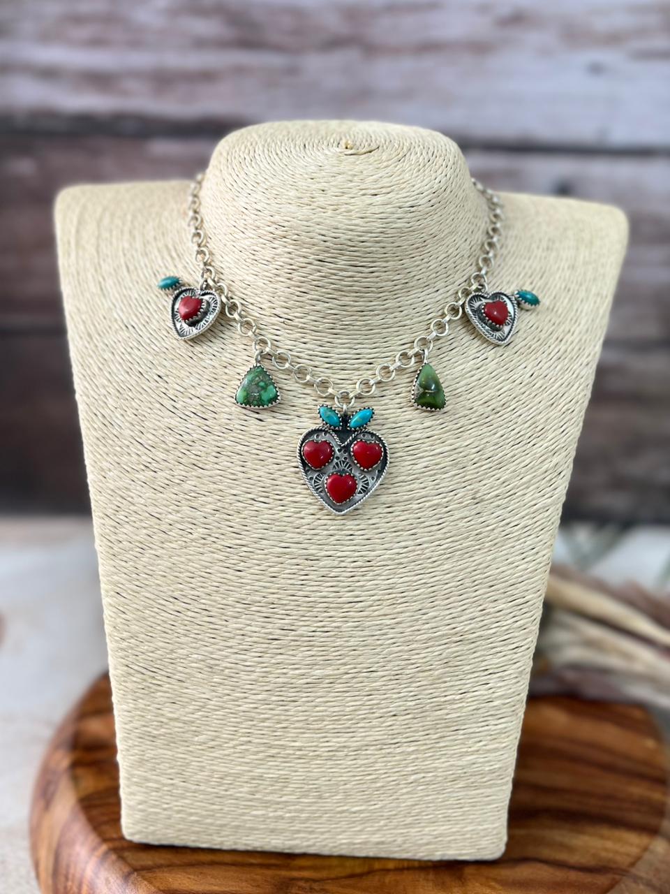 Handmade Sterling Silver Kingman with Sonoran Mountain Turquoise and Rosarita Cherry Necklace "Signed Nizhoni"
