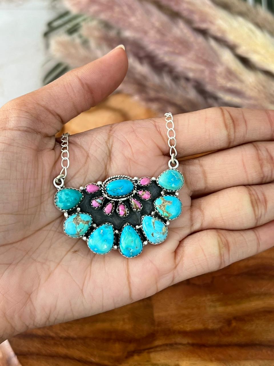 Handmade Sterling Silver Sierra Bella Turquoise with Cotton Candy Collection: Necklace "Signed Nizhoni"