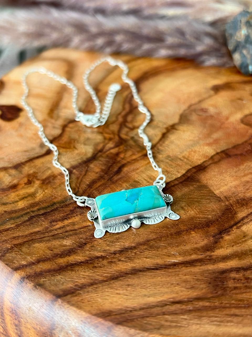 Handmade Sterling Silver Kingman Turquoise Bar Necklace "Signed Nizhoni"