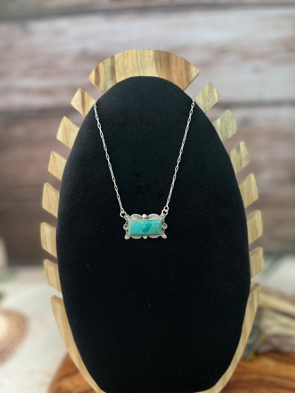 Handmade Sterling Silver Kingman Turquoise Bar Necklace "Signed Nizhoni"