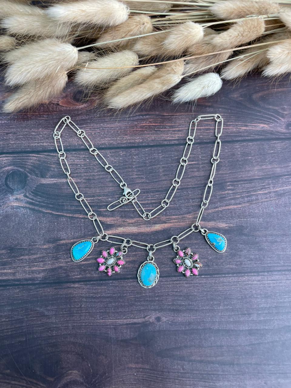 Handmade Sterling Silver Sierra Bella Turquoise with Cotton Candy Collection: Necklace "Signed Nizhoni"
