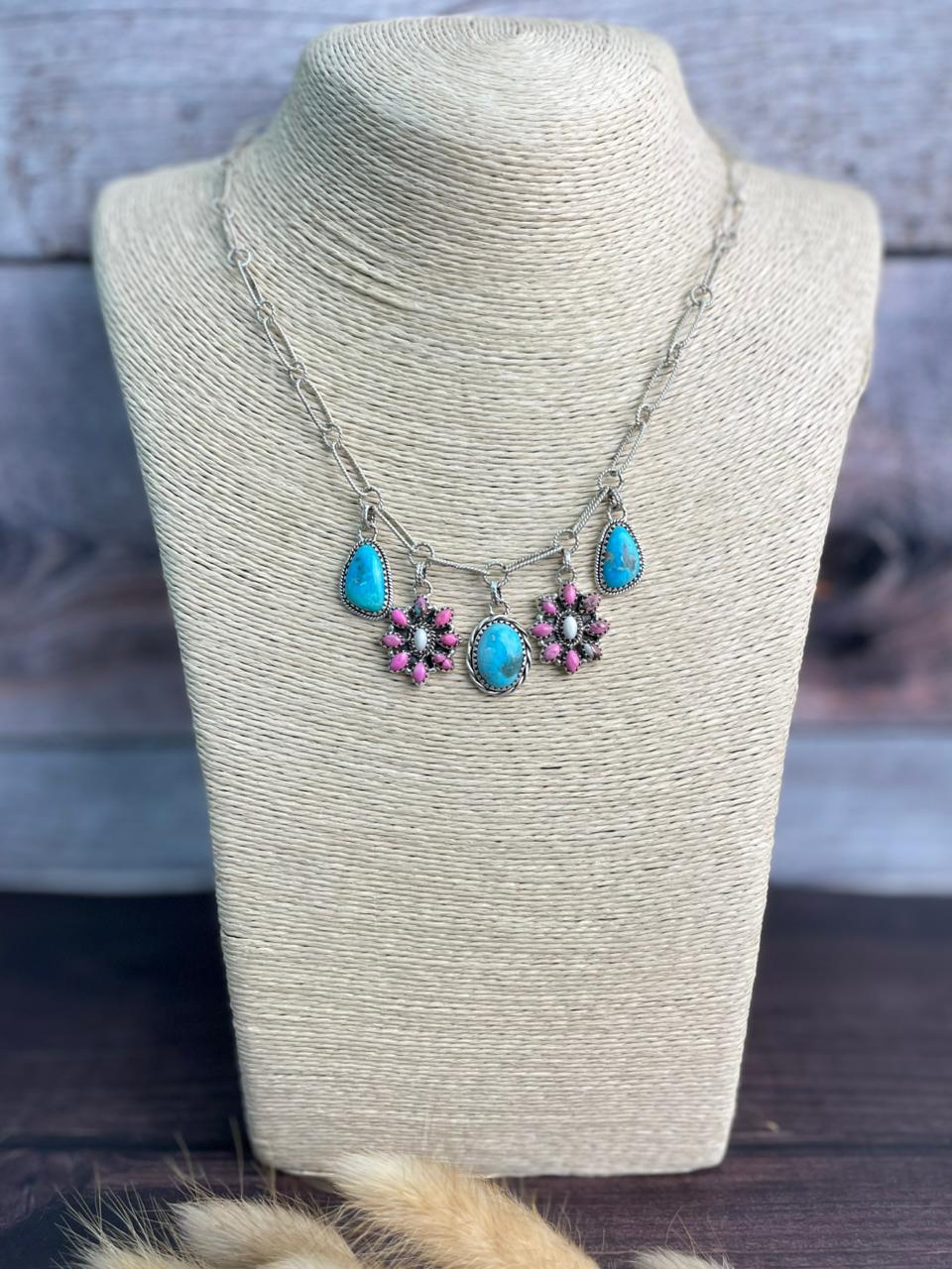 Handmade Sterling Silver Sierra Bella Turquoise with Cotton Candy Collection: Necklace "Signed Nizhoni"