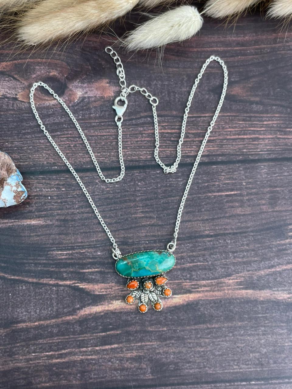 Handmade Sterling Silver Kingman Turquoise with Orange Mojave Necklace "Signed Nizhoni"