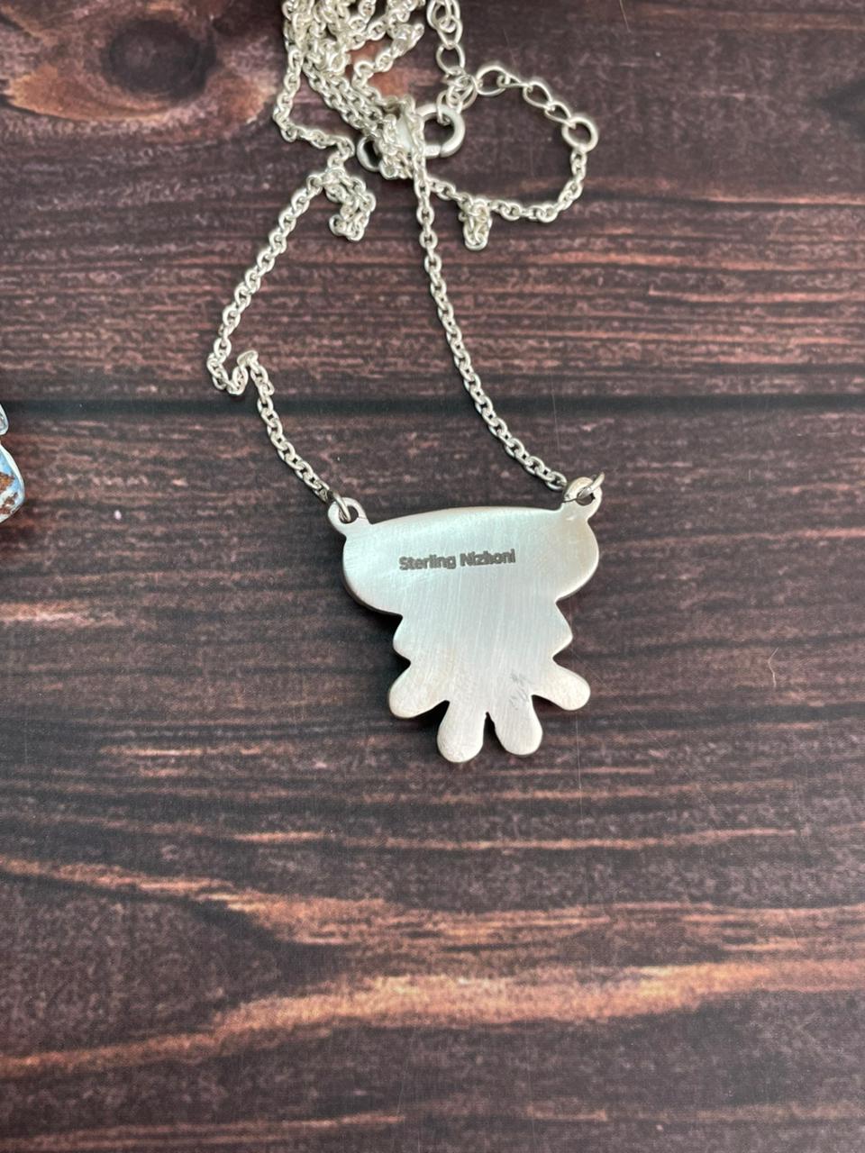 Handmade Sterling Silver Kingman Turquoise with Orange Mojave Necklace "Signed Nizhoni"