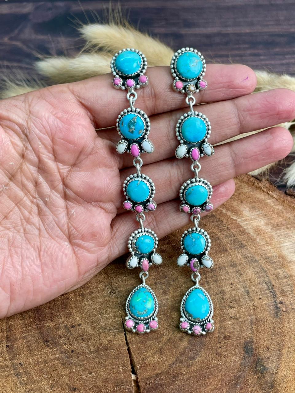 Handmade Sterling Silver Sierra Bella Turquoise with Cotton Candy Collection: Post Dangle Earrings "Signed Nizhoni" (3)