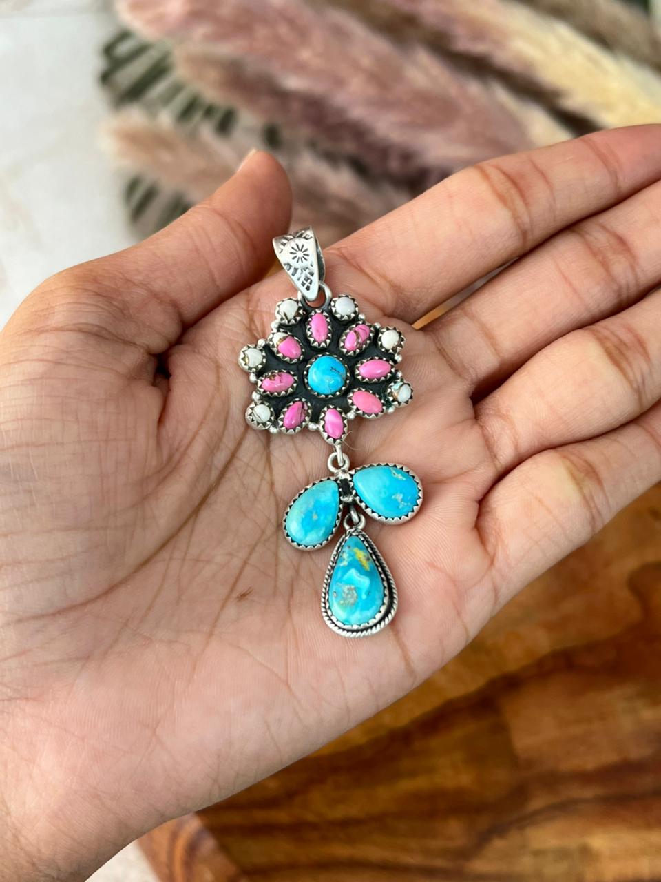 Handmade Sterling Silver Sierra Bella Turquoise with Cotton Candy Collection: Pendant "Signed Nizhoni"
